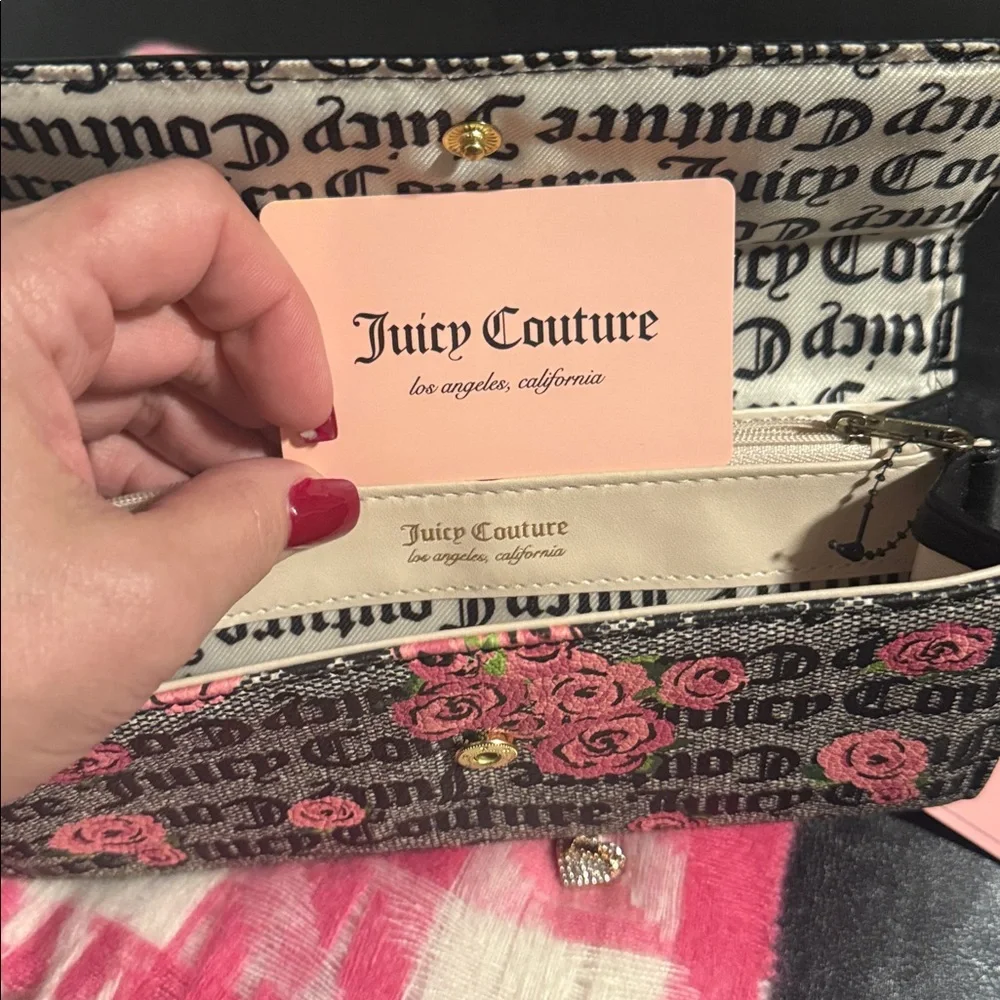 Juicy Couture Pink and Cream Checkered Scarf with Black Floral Wallet